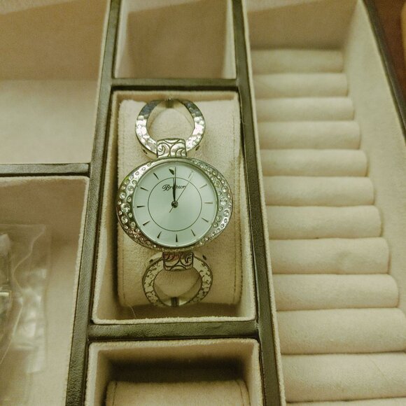 Brighton Watch Cuff Bracelet Silver Tone Crystal Accents Roman Numerals Womens main image 4